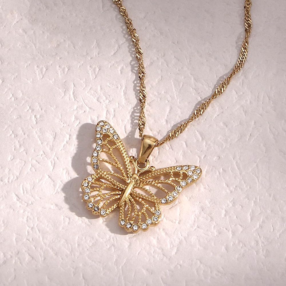 18K Gold Rhinestone Butterfly Necklace