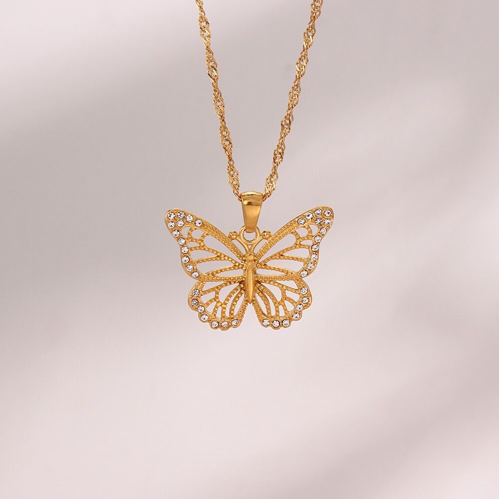 18K Gold Rhinestone Butterfly Necklace