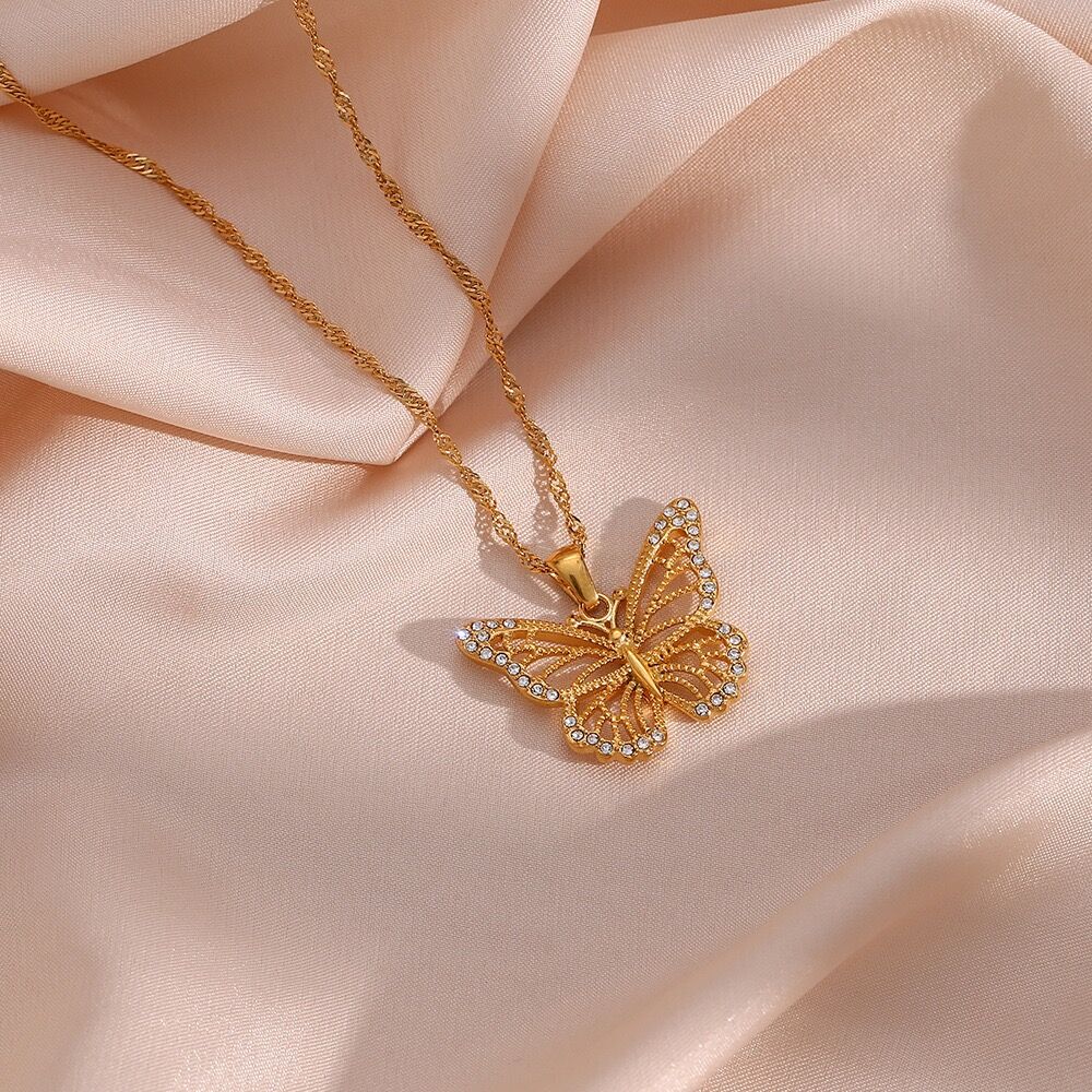 18K Gold Rhinestone Butterfly Necklace