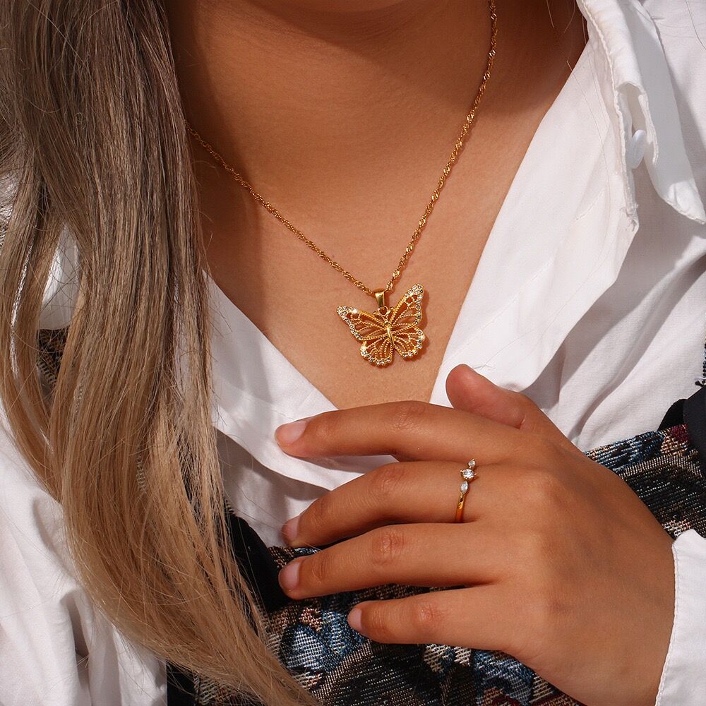 18K Gold Rhinestone Butterfly Necklace